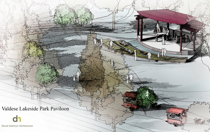 A conceptual sketch of Valdese Lakeside Park Pavilion shows people walking around, trees, and small red structures near a covered pavilion. The scene is signed by David Harman Architecture.