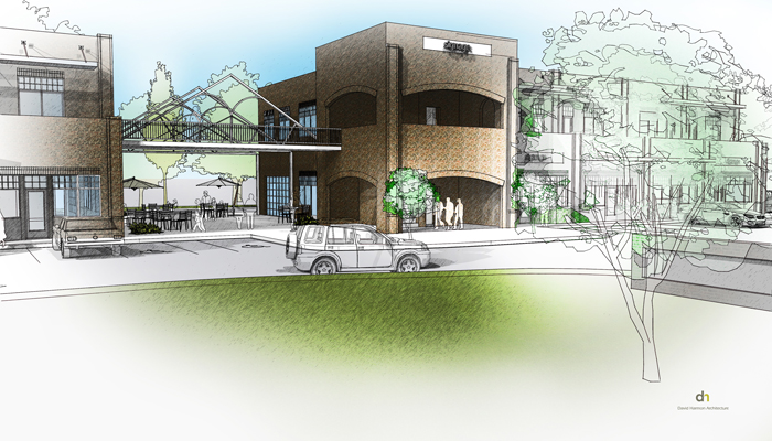 A colored architectural sketch depicts a modern mixed-use building with a connecting bridge, an outdoor seating area, and a parked car in front. Trees and grassy areas are also visible.